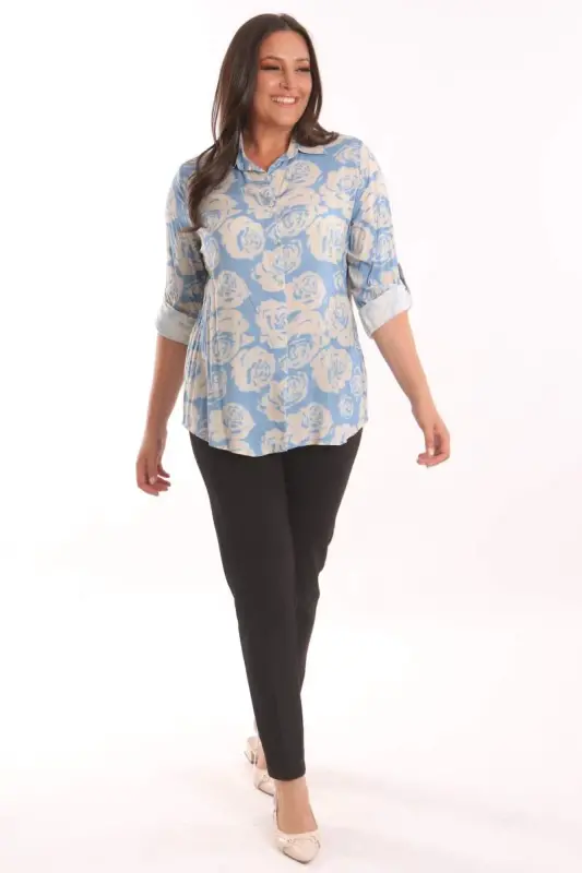 Trend42plus Plus Size Blue Rose Patterned Viscose Shirt - BÜYÜKBEDENIZ