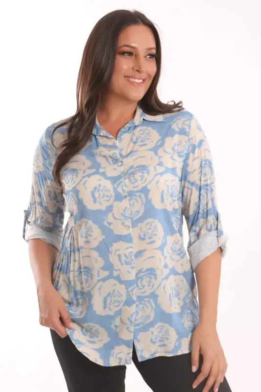 Trend42plus Plus Size Blue Rose Patterned Viscose Shirt - 2