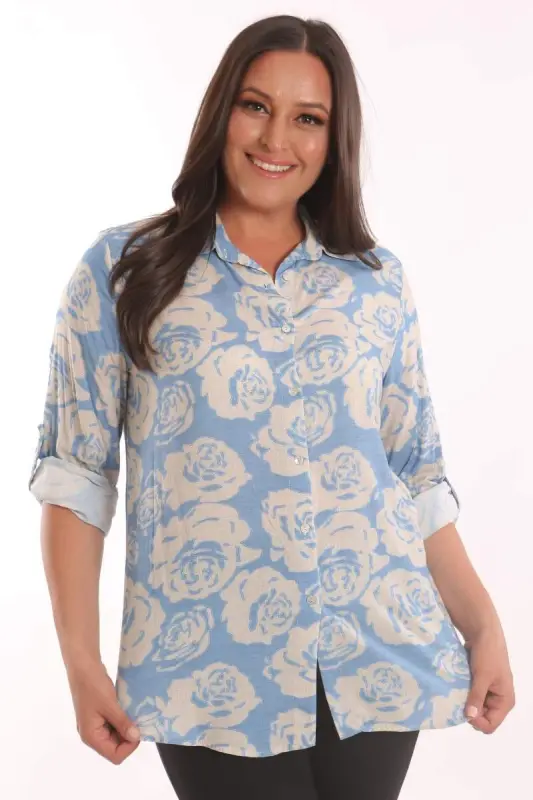 Trend42plus Plus Size Blue Rose Patterned Viscose Shirt - 4