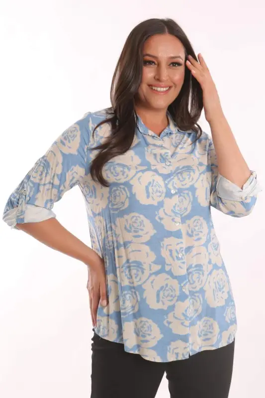 Trend42plus Plus Size Blue Rose Patterned Viscose Shirt - 5