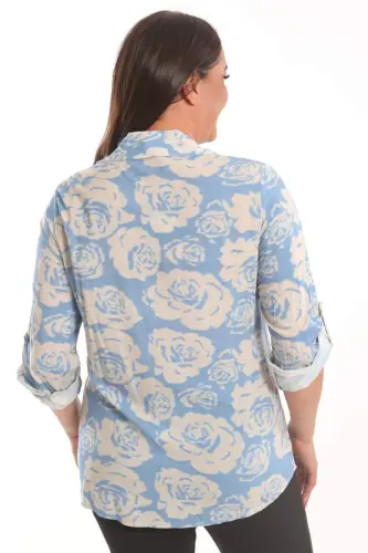 Trend42plus Plus Size Blue Rose Patterned Viscose Shirt - 6