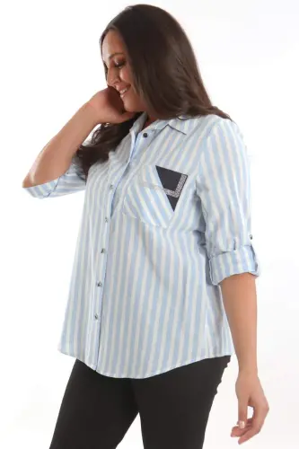 Trend42plus Plus Size Blue Stone Printed Striped Shirt - 3