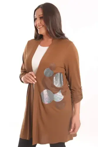 Trend42plus Plus Size Brown Circle Pattern Stone Printed Long Cardigan - 1