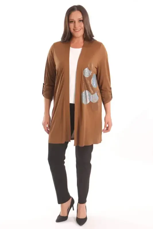 Trend42plus Plus Size Brown Circle Pattern Stone Printed Long Cardigan - 2