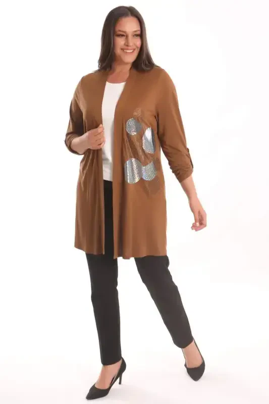 Trend42plus Plus Size Brown Circle Pattern Stone Printed Long Cardigan - 4
