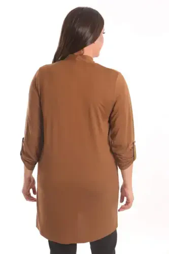 Trend42plus Plus Size Brown Circle Pattern Stone Printed Long Cardigan - 5