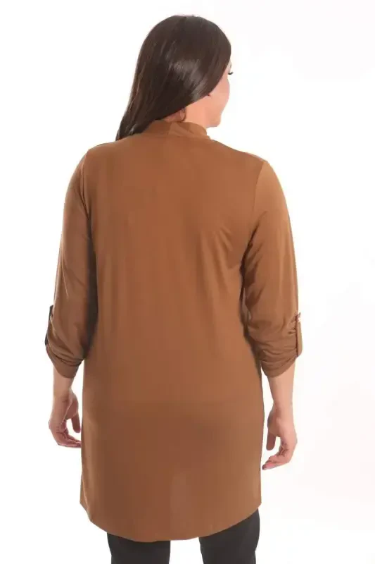 Trend42plus Plus Size Brown Circle Pattern Stone Printed Long Cardigan - 5