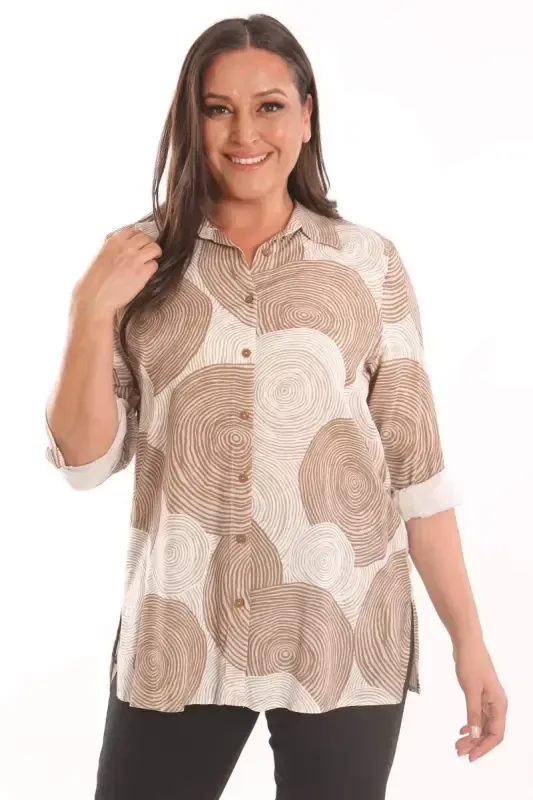 Trend42plus Plus Size Brown Round Patterned Viscose Shirt - BÜYÜKBEDENIZ
