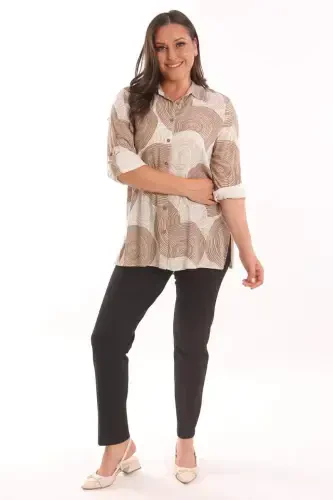 Trend42plus Plus Size Brown Round Patterned Viscose Shirt - 2