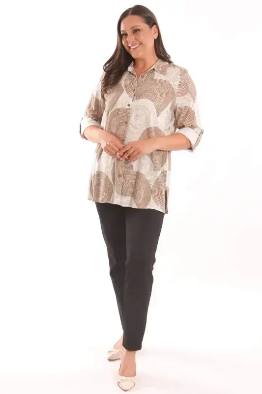 Trend42plus Plus Size Brown Round Patterned Viscose Shirt - 4