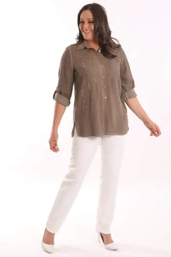 Trend42plus Plus Size Brown Stone Printed Batik Washed Shirt - 3