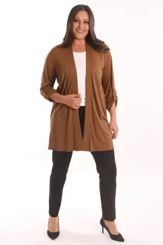 Trend42plus Plus Size Brown Stone Printed Long Cardigan - BÜYÜKBEDENIZ (1)