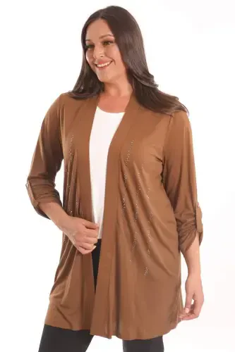 Trend42plus Plus Size Brown Stone Printed Long Cardigan - 3