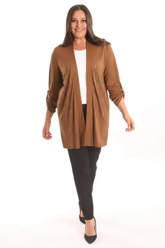 Trend42plus Plus Size Brown Stone Printed Long Cardigan - 4