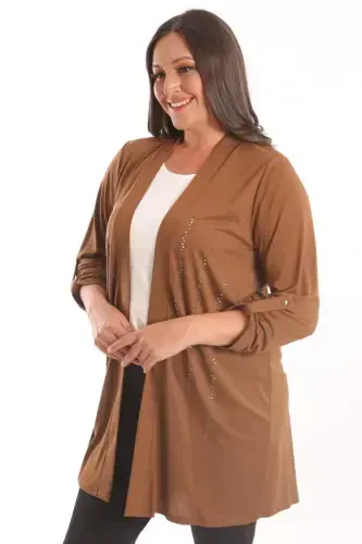 Trend42plus Plus Size Brown Stone Printed Long Cardigan - 5