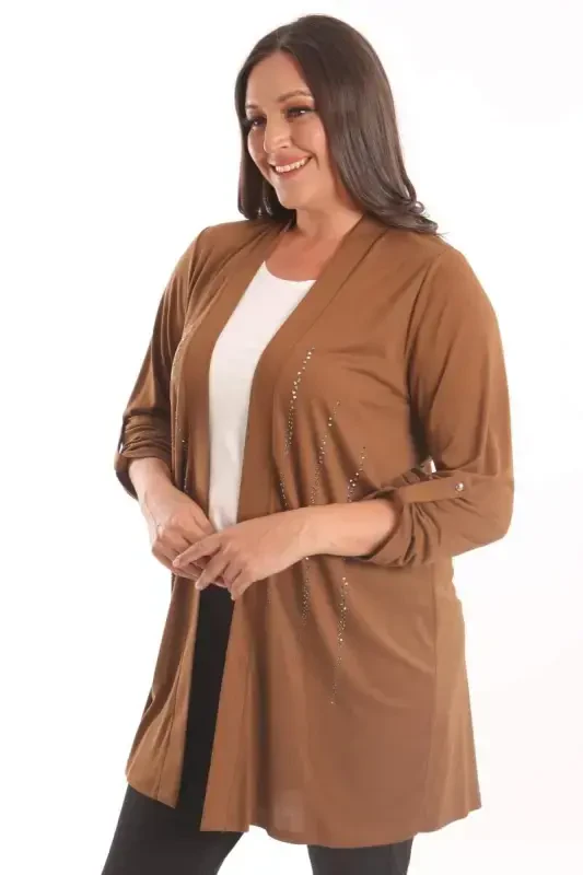 Trend42plus Plus Size Brown Stone Printed Long Cardigan - 5