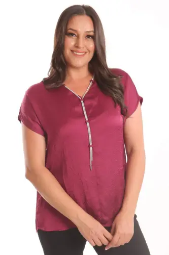Trend42plus Plus Size Burgundy Crash and Chain Detailed Satin Blouse - 1