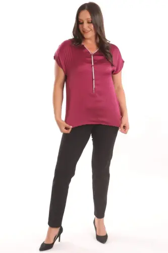 Trend42plus Plus Size Burgundy Crash and Chain Detailed Satin Blouse - 3
