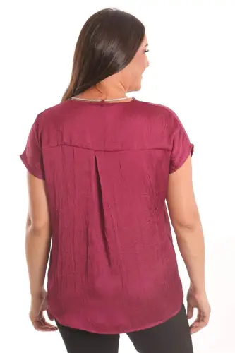 Trend42plus Plus Size Burgundy Crash and Chain Detailed Satin Blouse - 4