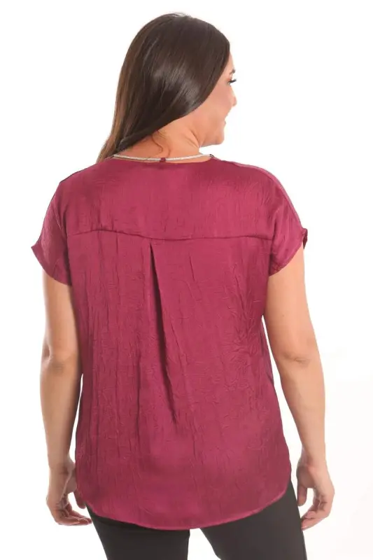 Trend42plus Plus Size Burgundy Crash and Chain Detailed Satin Blouse - 4