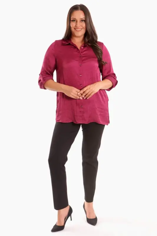 Trend42plus Plus Size Burgundy Crash Satin Shirt - 2