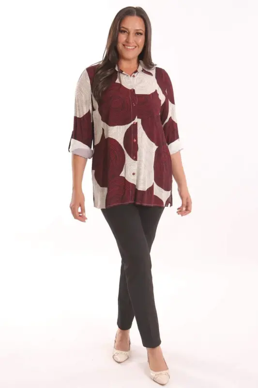 Trend42plus Plus Size Burgundy Round Patterned Viscose Shirt - 2