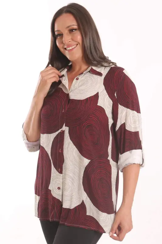 Trend42plus Plus Size Burgundy Round Patterned Viscose Shirt - 3