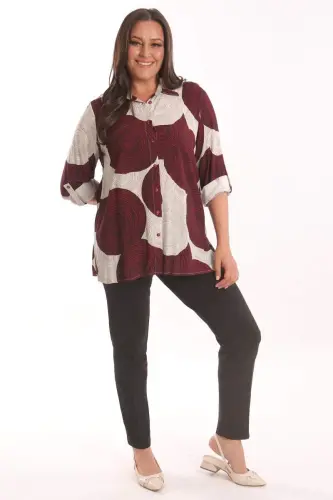Trend42plus Plus Size Burgundy Round Patterned Viscose Shirt - 4