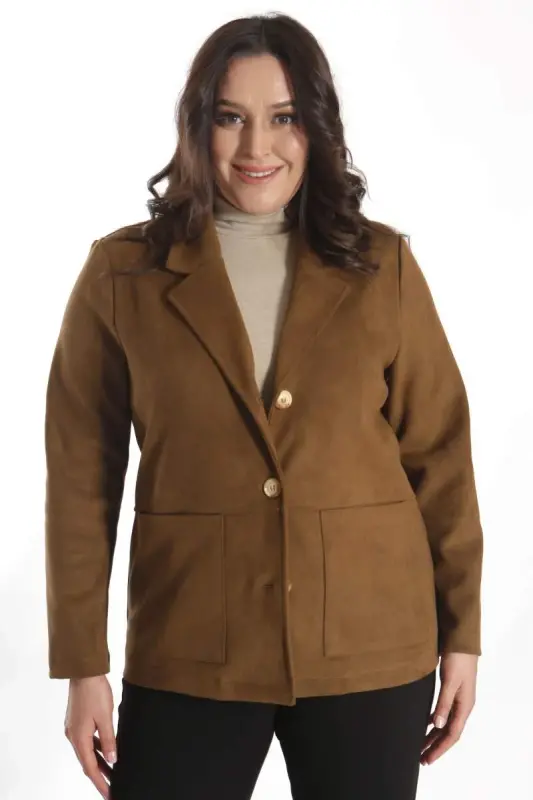 Trend42plus Plus Size Buttoned and Pocket Detailed Brown Suede Jacket - 1