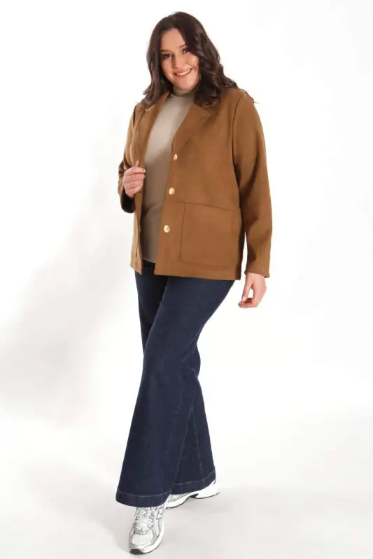 Trend42plus Plus Size Buttoned and Pocket Detailed Brown Suede Jacket - 2