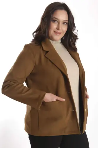 Trend42plus Plus Size Buttoned and Pocket Detailed Brown Suede Jacket - 3