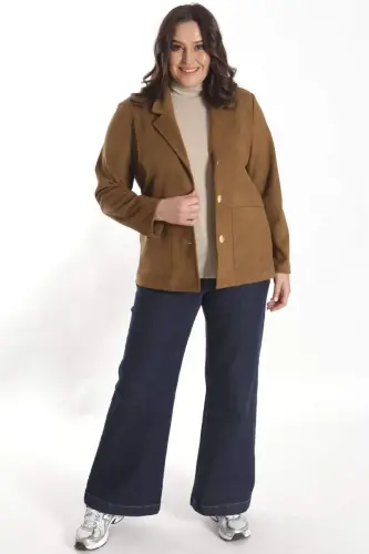 Trend42plus Plus Size Buttoned and Pocket Detailed Brown Suede Jacket - 4