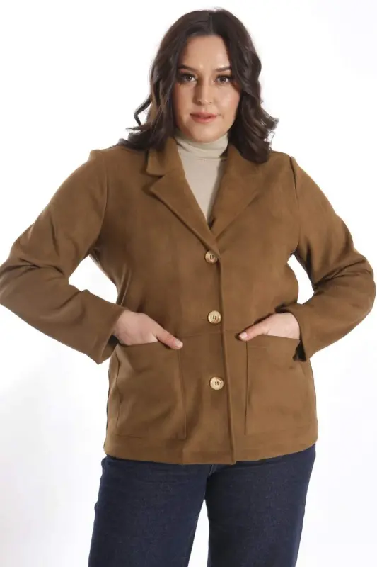 Trend42plus Plus Size Buttoned and Pocket Detailed Brown Suede Jacket - 5