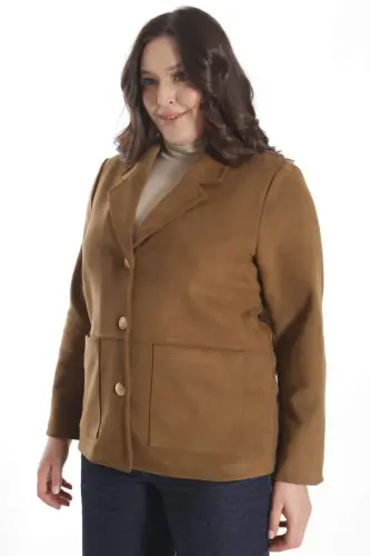 Trend42plus Plus Size Buttoned and Pocket Detailed Brown Suede Jacket - 7