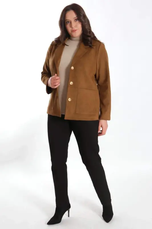 Trend42plus Plus Size Buttoned and Pocket Detailed Brown Suede Jacket - 8
