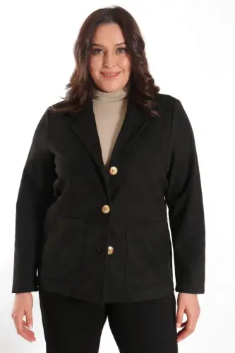 Trend42plus Plus Size Buttoned Black Suede Jacket with Pocket Detail - 1