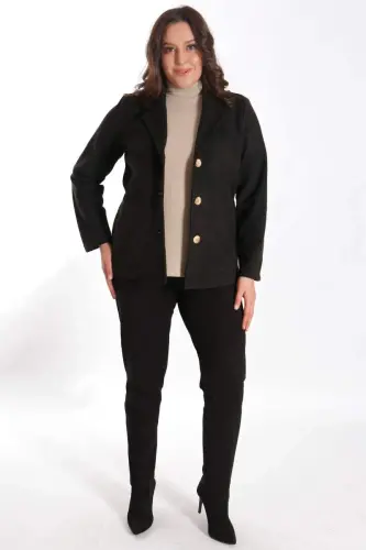 Trend42plus Plus Size Buttoned Black Suede Jacket with Pocket Detail - 2