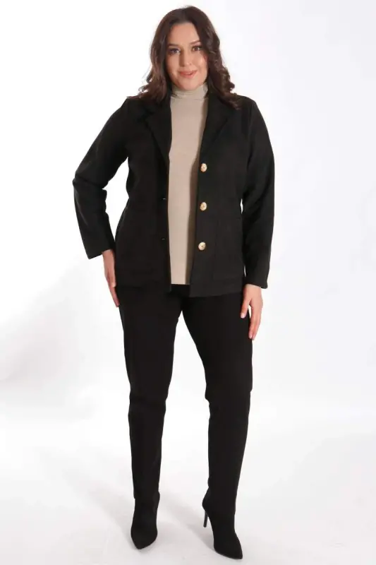 Trend42plus Plus Size Buttoned Black Suede Jacket with Pocket Detail - 2