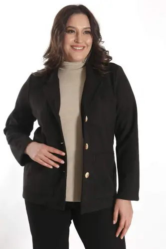Trend42plus Plus Size Buttoned Black Suede Jacket with Pocket Detail - 3