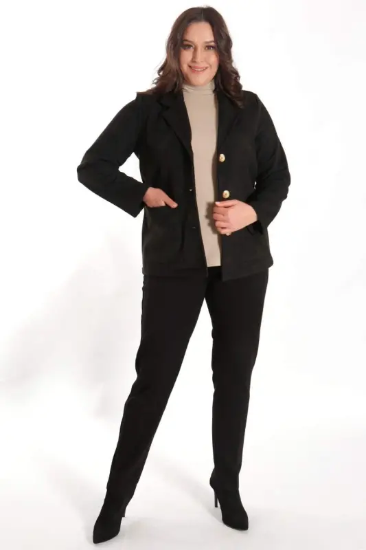 Trend42plus Plus Size Buttoned Black Suede Jacket with Pocket Detail - 4
