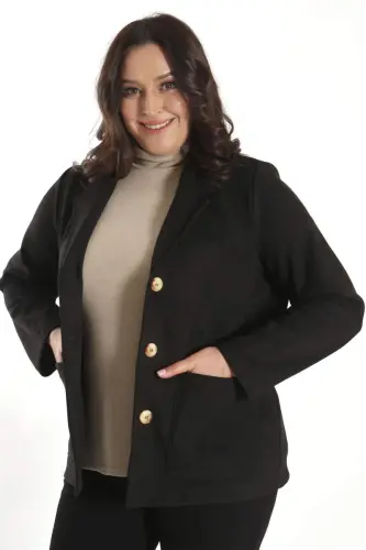 Trend42plus Plus Size Buttoned Black Suede Jacket with Pocket Detail - 5