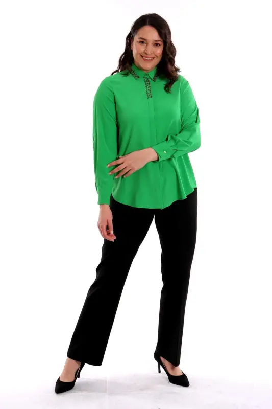 Trend42plus Plus Size Collar Embroidery Detail Green Shirt - 2