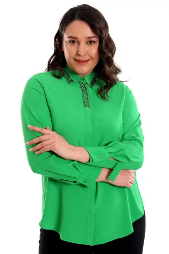 Trend42plus Plus Size Collar Embroidery Detail Green Shirt - 3