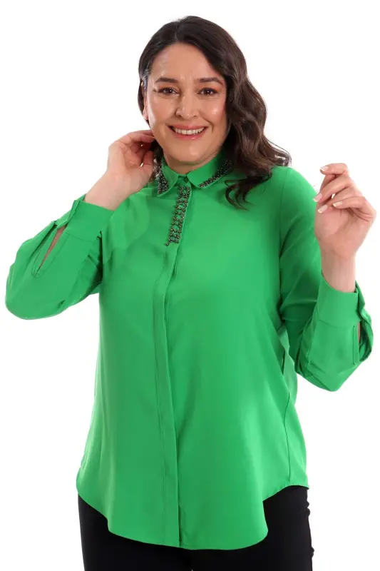 Trend42plus Plus Size Collar Embroidery Detail Green Shirt - 4