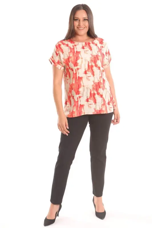 Trend42plus Plus Size Coral Batik Patterned Drop Shoulder Blouse - 2