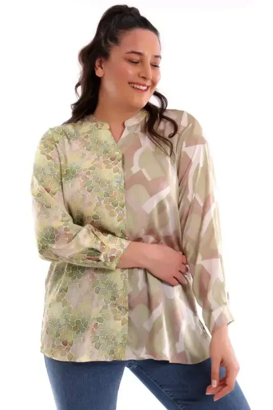 Trend42plus Plus Size Crew Neck Mosaic Pattern Printed Green Shirt - 7