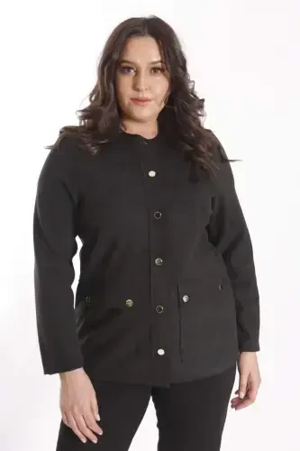 Trend42plus Plus Size Crew Neck Snap Buttoned Black Suede Jacket - 1