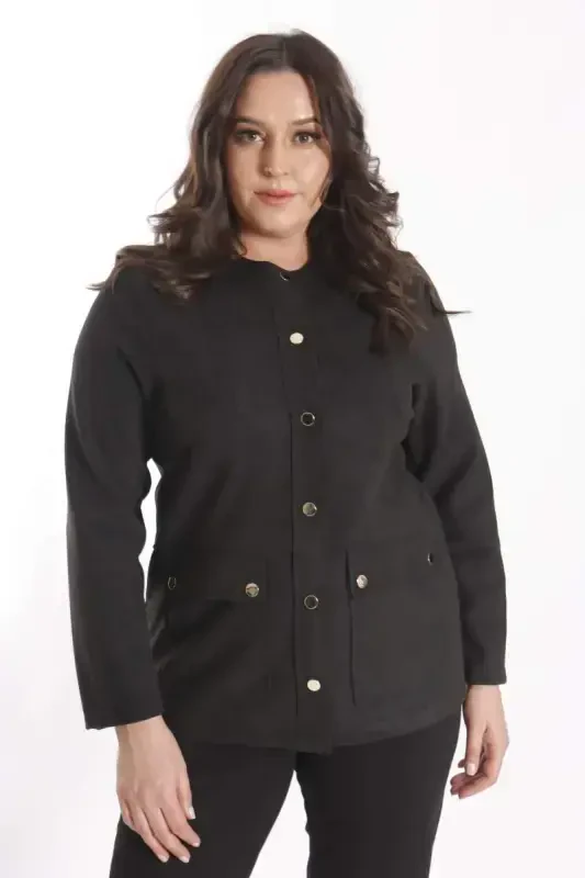 Trend42plus Plus Size Crew Neck Snap Buttoned Black Suede Jacket - 1