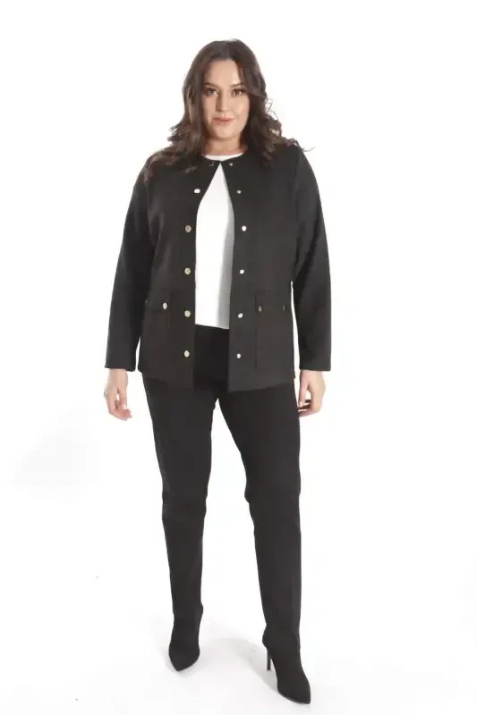 Trend42plus Plus Size Crew Neck Snap Buttoned Black Suede Jacket - 2