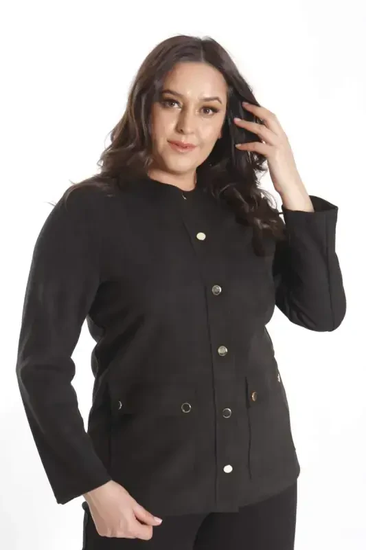 Trend42plus Plus Size Crew Neck Snap Buttoned Black Suede Jacket - 3